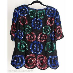 Vintage 70s Silk Sequin Multicolor Roses Blouse Sparkle Blouse Sequin Blouse Lar